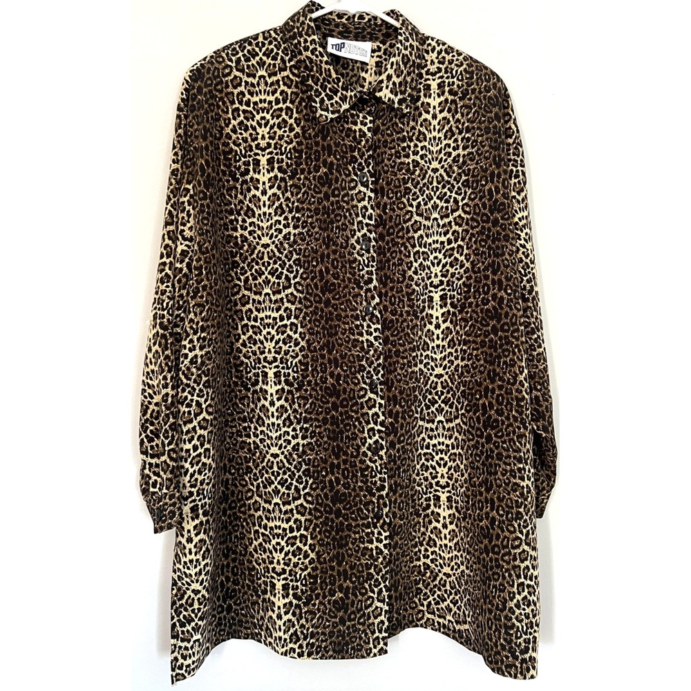 Top Notch Tunic Shirt Womens XL Leopard Animalβ Print Button Up Vintage
